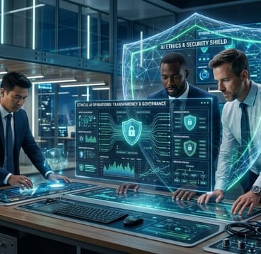 IT professionals monitor ethical AI governance and cybersecurity protocols on digital screens in a high-tech office.