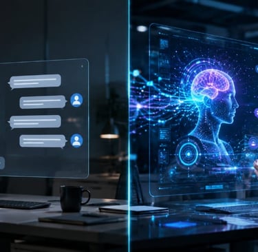 A man interacting with an advanced AI chatbot and neural network interface in a dark office setting.