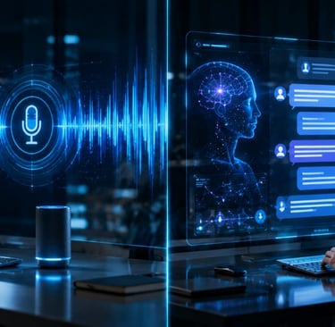 A businessman interacting with an AI chatbot and voice recognition software using a futuristic digital interface.