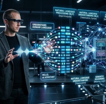 Engineer interacting with natural language processing and AI assistant holographic interface.