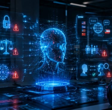 A cybersecurity professional monitors an AI interface with holographic data displays for ethical risk and network security.