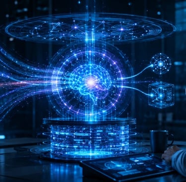 A man analyzing a glowing digital human brain interface representing artificial intelligence and data networks.