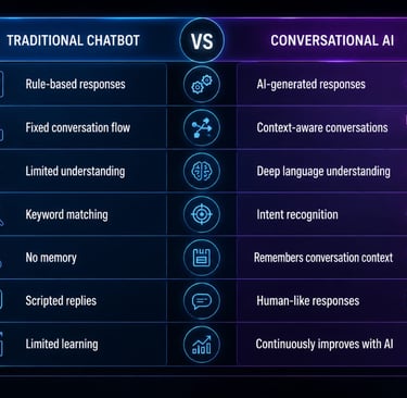 A comparison chart showing differences between a traditional chatbot and conversational AI technology.