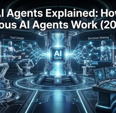 Futuristic command center infographic explaining how autonomous AI agents work with neural networks and workflows.