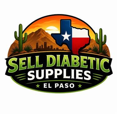Logo for Sell Diabetic Supplies in El Paso featuring the Texas map, desert cacti, and mountain sunset.