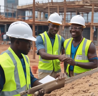 Skilled Ghanaian construction workers collaborating on a building site overseas.
