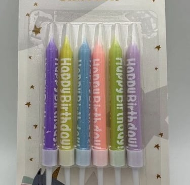 Set of colorful pastel happy birthday candles in a decorative card packaging.