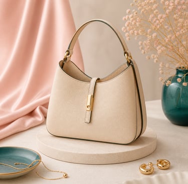 Cream leather hobo handbag on a stone display with elegant gold jewelry and pink silk fabric.