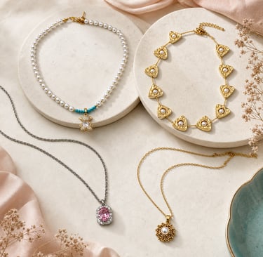 Elegant collection of pearl and gold necklaces with a pink gemstone pendant on a flat lay surface.