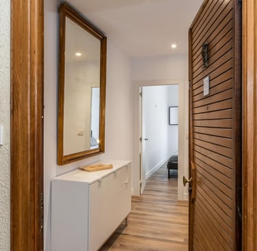 Apartment entrance hall with mirror and wooden door, Anne apartment San Sebastian