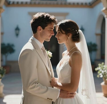 Elegant candid shot of a couple sharing a quiet moment in a sunlit Spanish courtyard, wearing sophisticated wedding attire, high-end fine art photography style, soft focus, muted blue and off-white color palette.
