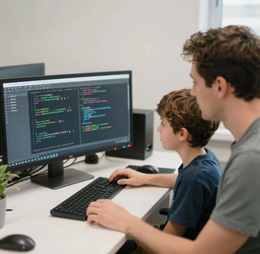 A young boy and teacher learning computer programming together on a desktop monitor with code.