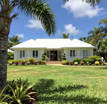 Lush tropical garden before landscaping with overgrown grass and scattered debris.