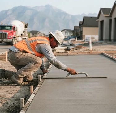 South Jordan concrete worker finishing a residential driveway pour
