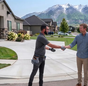 South Jordan concrete contractor shaking hands with happy homeowner after driveway installation