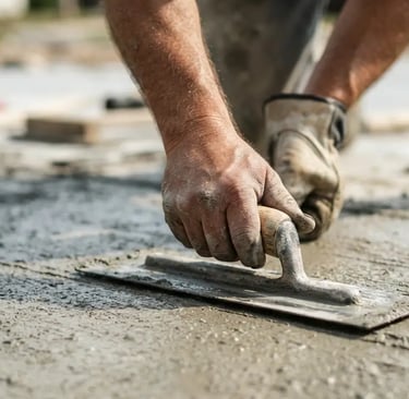 Close-up of concrete contractor hand-troweling a fresh driveway surface in South Jordan Utah