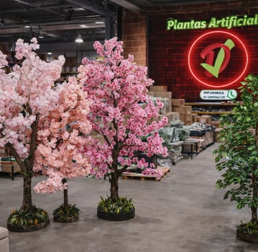 Artificial pink cherry blossom trees and green faux foliage plants on display in a warehouse showroom.