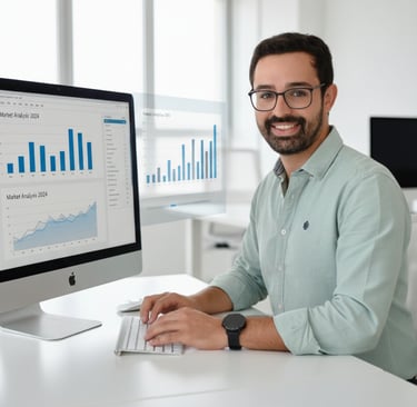 André Branco, consultor imobiliário iad Portugal, no seu escritório com um computador a mostrar dado