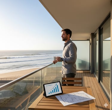 Consultor imobiliário André Branco observa o horizonte da Nazaré com sobreposição de gráfico de ROI,