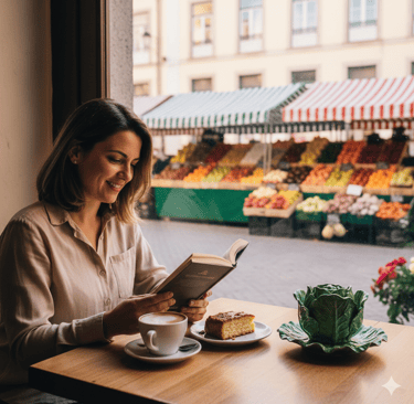 Um pátio ensolarado em Caldas da Rainha com cerâmicas típicas de Bordallo Pinheiro e arquitetura tra