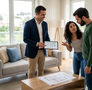 Consultor imobiliário a apresentar um apartamento moderno a um casal na Marinha Grande em 2026.