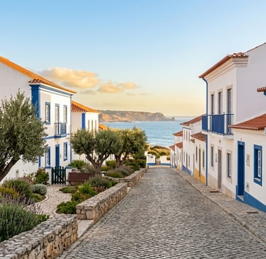 Rua costeira tranquila numa vila da Costa de Prata com casas brancas e vista de mar