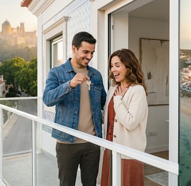 Casal jovem com chaves da primeira casa — IMT Jovem isenção 2026 Portugal