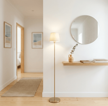 Quarto preparado com home staging, paredes claras e iluminação quente neutra, num imóvel pronto para