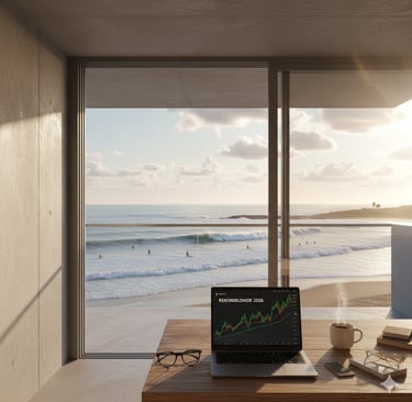 Escritório moderno em plano aberto com vista para o mar e surfistas no Baleal, Peniche, mostrando um