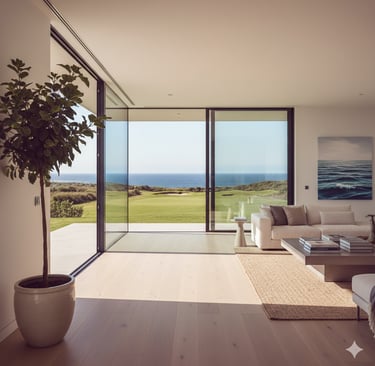 Interior de uma moradia de luxo contemporânea em Óbidos, com grandes janelas de vidro 