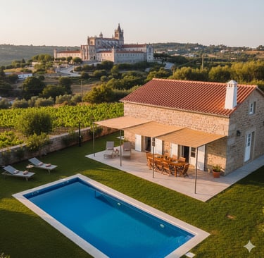Moradia moderna com piscina e vista para o Mosteiro de Alcobaça ao pôr-do-sol