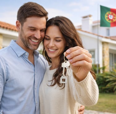 Couple receiving the keys to their new home after buying property in Portugal