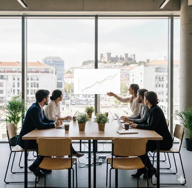 Equipa de consultoria imobiliária analisa gráfico de crescimento e rentabilidade num escritório mode