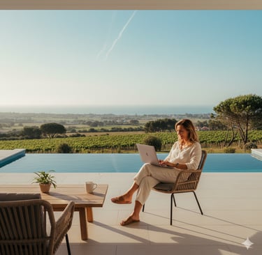trabalhar remotamente num terraço de uma moradia moderna com piscina e vista para a costa de prata