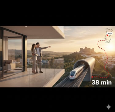 Vista aérea conceptual da nova estação de alta velocidade em Leiria com o Castelo ao fundo, simboliz