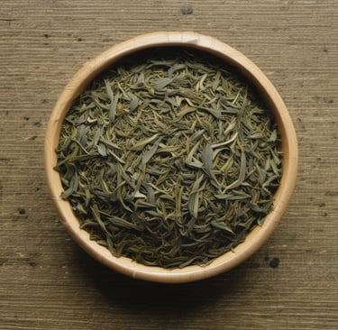 Elegant rows of packaged Japanese teas and kinako powders arranged on a khaki-toned wooden shelf.