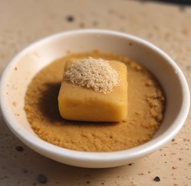 A close-up of a delicious Kinako powder dessert topped with fresh fruit and a sprinkle of toasted soy flour.