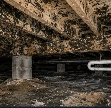 crawl space beneath Black Forest Colorado Springs forested lot property showing extensive mold growth on floor joists