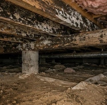 crawl space beneath Rockrimmon Colorado Springs mid century home showing moisture accumulation and mold growth on floor