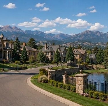 elegant residential street in Broadmoor Colorado Springs showing large historic homes and estate properties near Cheyenne