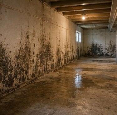 extensive below grade basement space in Broadmoor Colorado Springs luxury property showing moisture damage and mold growth