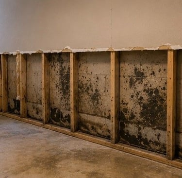 finished basement wall in Briargate Colorado Springs home showing moisture damage and mold growth behind drywall