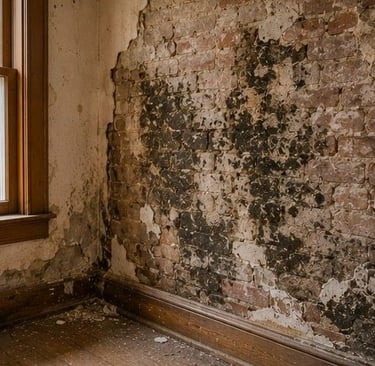 old Colorado City Colorado Springs historic property showing moisture damaged brick wall and mold growth inside Victorian era