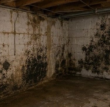older Fountain Colorado Springs home showing moisture damaged basement wall and visible mold growth caused by deferred