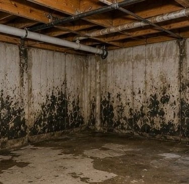 residential basement in Powers Corridor Colorado Springs showing moisture damage and mold growth from aging plumbing