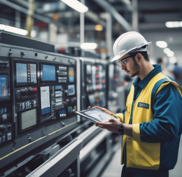 Technician interacting with a digital dashboard showing predictive maintenance alerts.