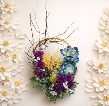 Elegant floral wreath with purple roses and blue flowers on a white wall with paper flower decor.