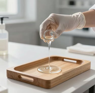 An artist's hands in a clean, modern International / Global studio, wearing gloves and carefully pouring clear liquid resin into a minimalist wooden tray. The lighting is natural and bright, highlighting the pristine environment.
