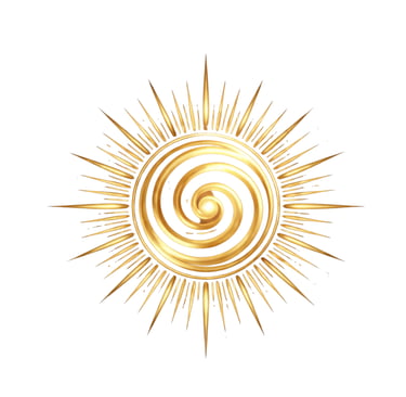 Golden sun symbol with a central spiral design and radiant sunbeams on a white background.