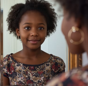 Smiling young Black girl with natural curly hair looking at her reflection in a gold framed mirror.